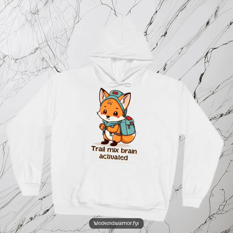 Funny fox carrying a large backpack brimming with camping essentials, looking ready for adventure on a warm hoodie.