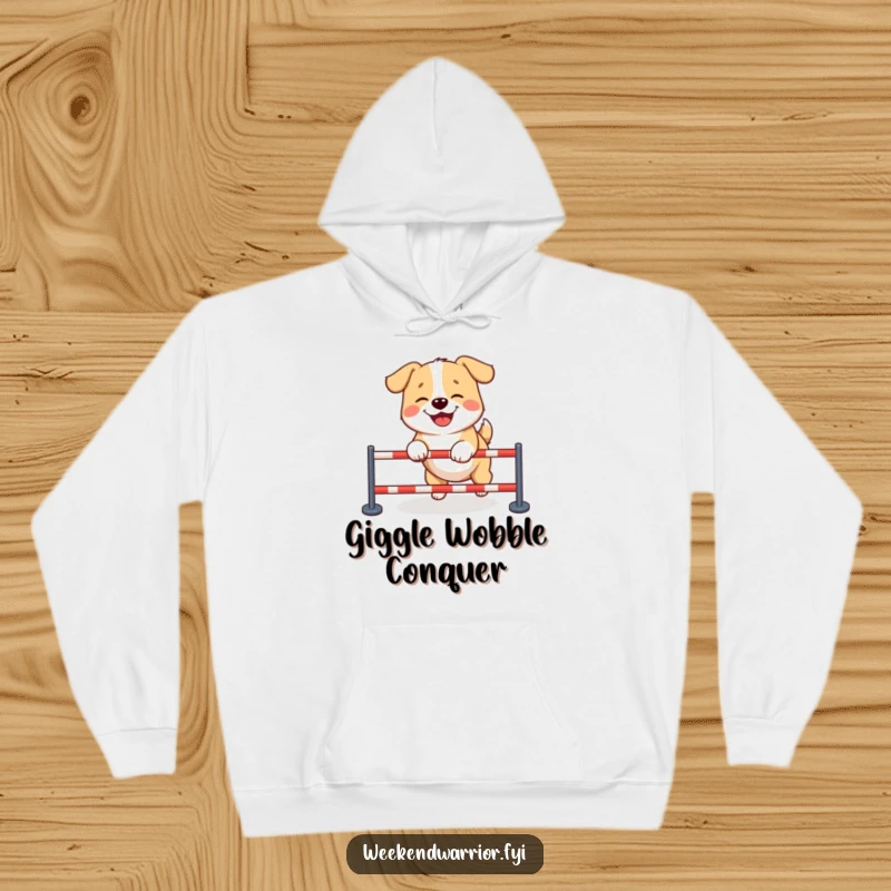 Funny dog hoodie showcasing a giggling dog expertly tackling a small obstacle course, radiating happiness and playful energy.
