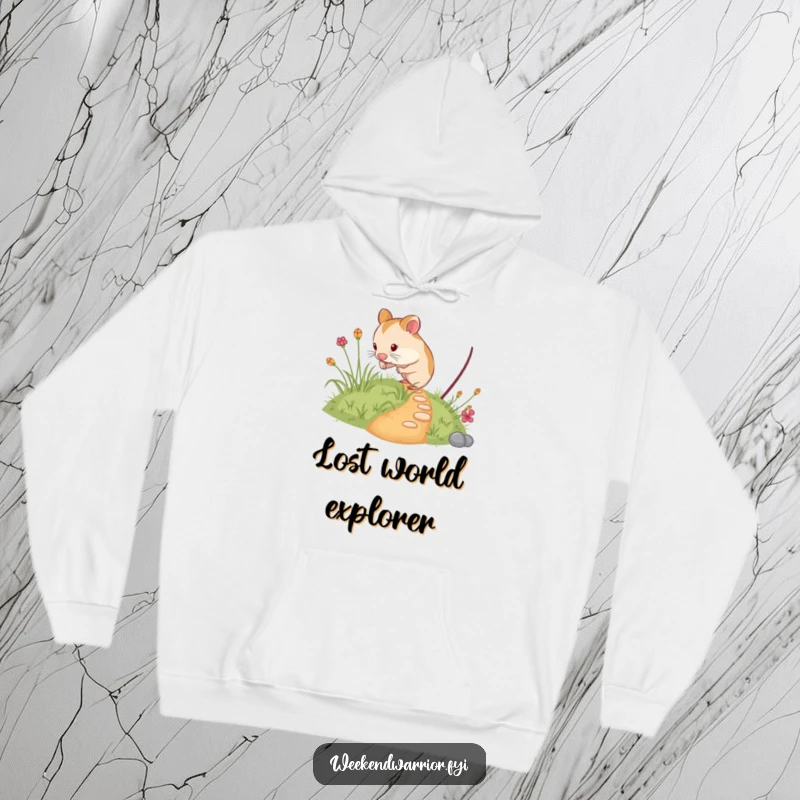 Funny hamster hoodie featuring a curious rodent exploring a miniature, overgrown path, offering warmth and a touch of delightful, tiny adventure.