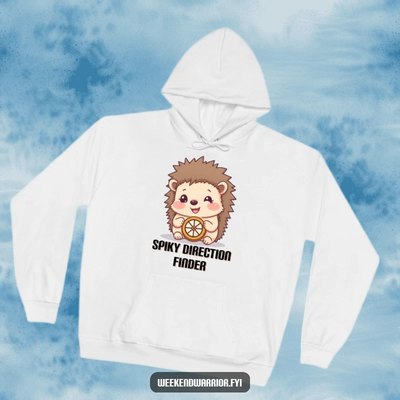 Funny hoodie with a happy hedgehog using a makeshift compass, combining warmth with a charming and adventurous woodland design.