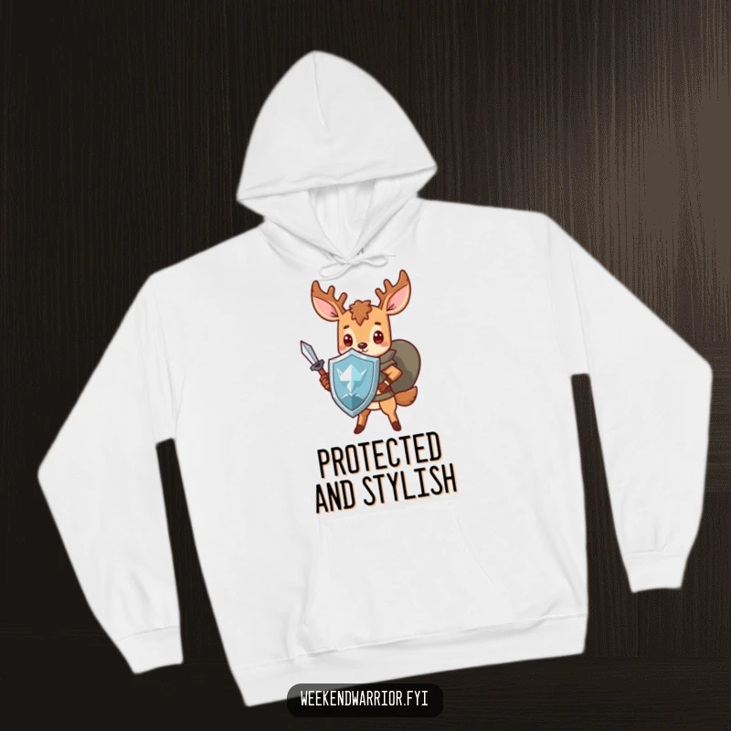 Funny Kawaii deer hoodie, showcasing a cute warrior character with a sword and shield, offering warmth and humor.
