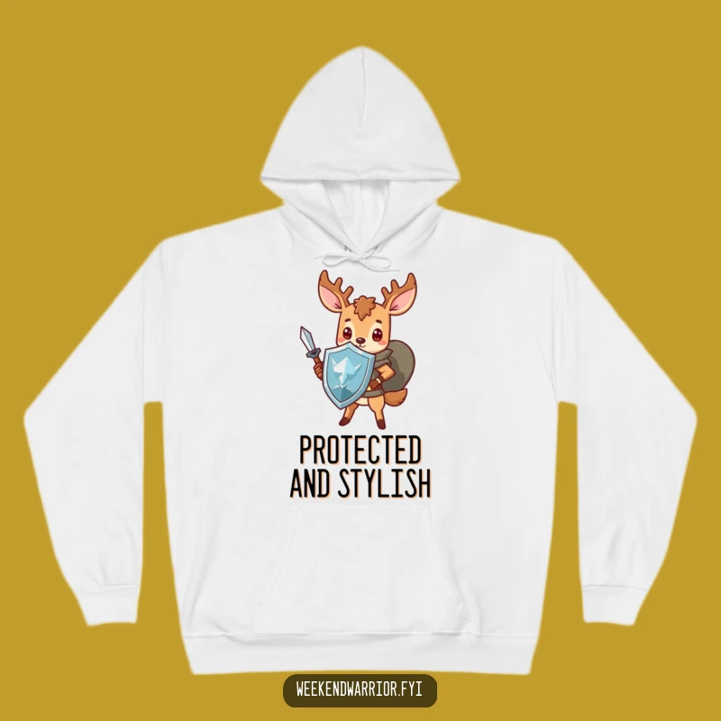 Funny Kawaii Deer Hoodie: Cozy Warrior with Sword and Shield, Amazing Funny Gift