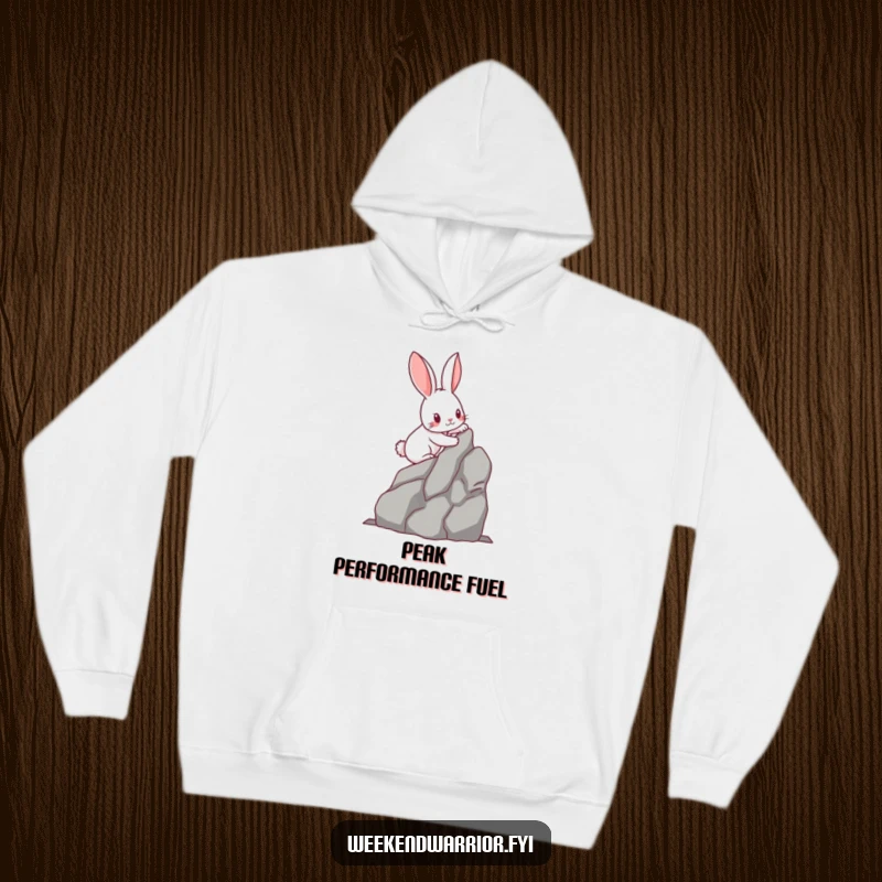 Funny kawaii rabbit with determined paws scaling a miniature rock face, printed on a warm hoodie. Great for active or cozy days.
