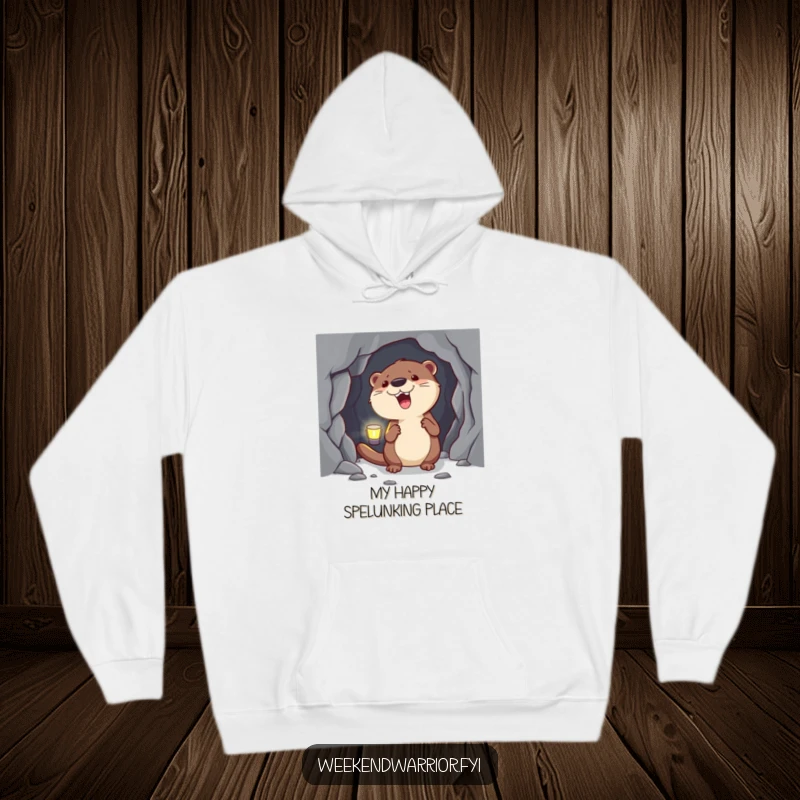 Funny Otter Hoodie featuring a headlamp-wearing otter exploring a dark cave, looking determined and excited for adventure.