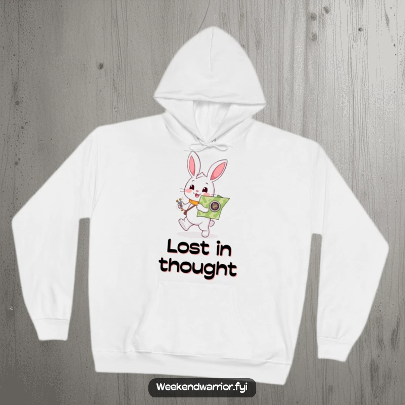 Funny rabbit hoodie featuring a helpful white character enthusiastically carrying a map and compass, cozy and humorous for explorers.
