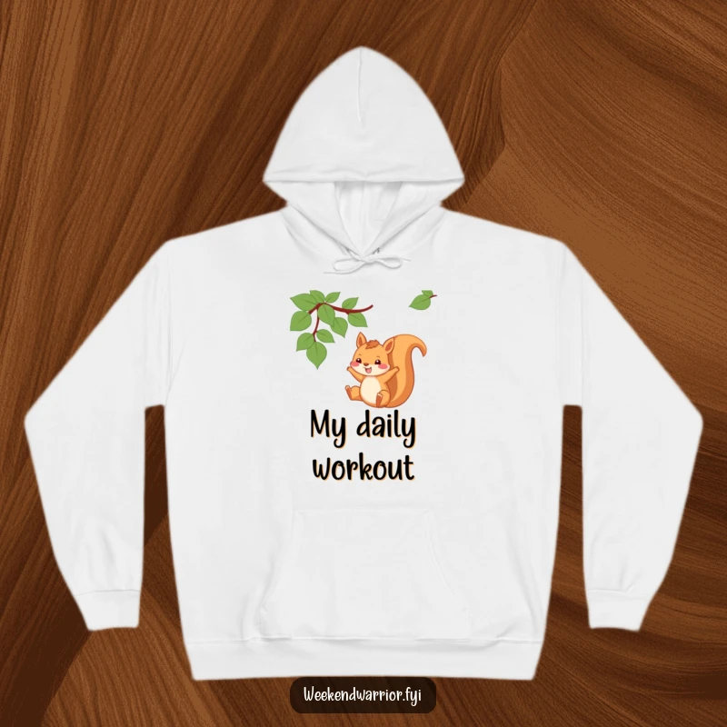 Funny Squirrel Hoodie depicting a playful squirrel swinging from a vine with a wide, happy grin.
