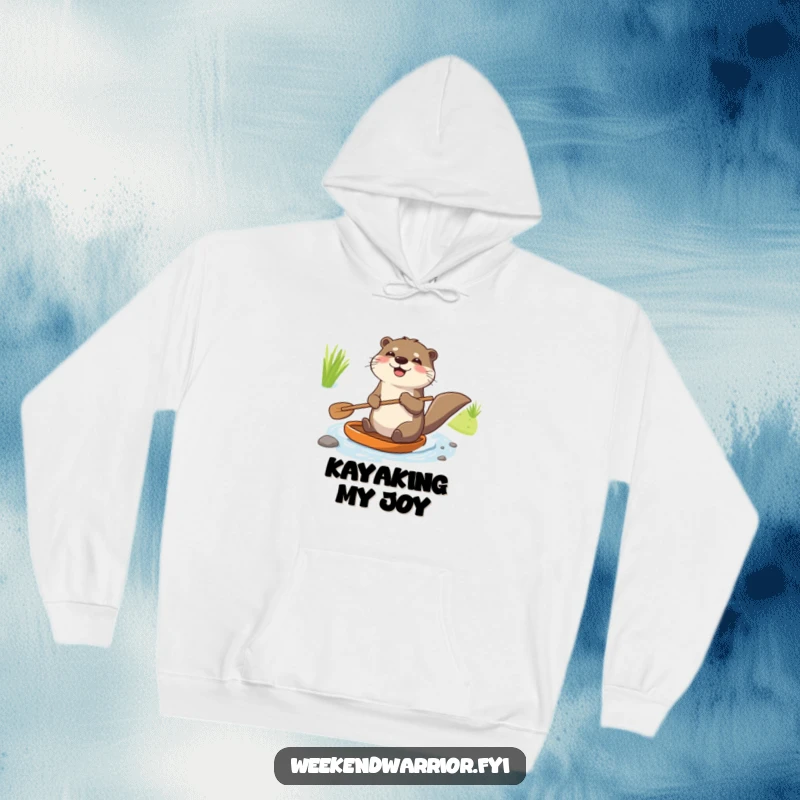 Funny hoodie featuring a joyful otter with a paddle navigating a stream with enthusiasm, representing fun and comfort.