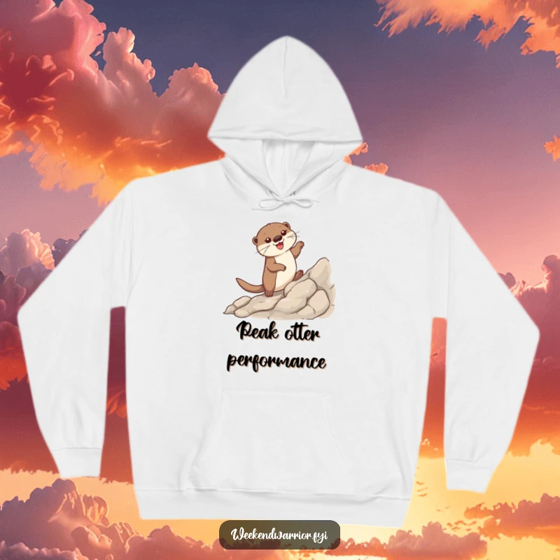 Funny hoodie with a depiction of a delighted otter confidently conquering a rocky incline, radiating happiness and determination.