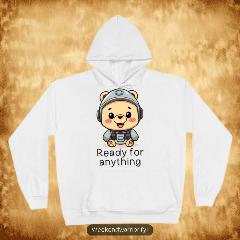Funny hoodie featuring a cheerful bear wearing a helmet, embodying a spirit of excitement and readiness for adventure.