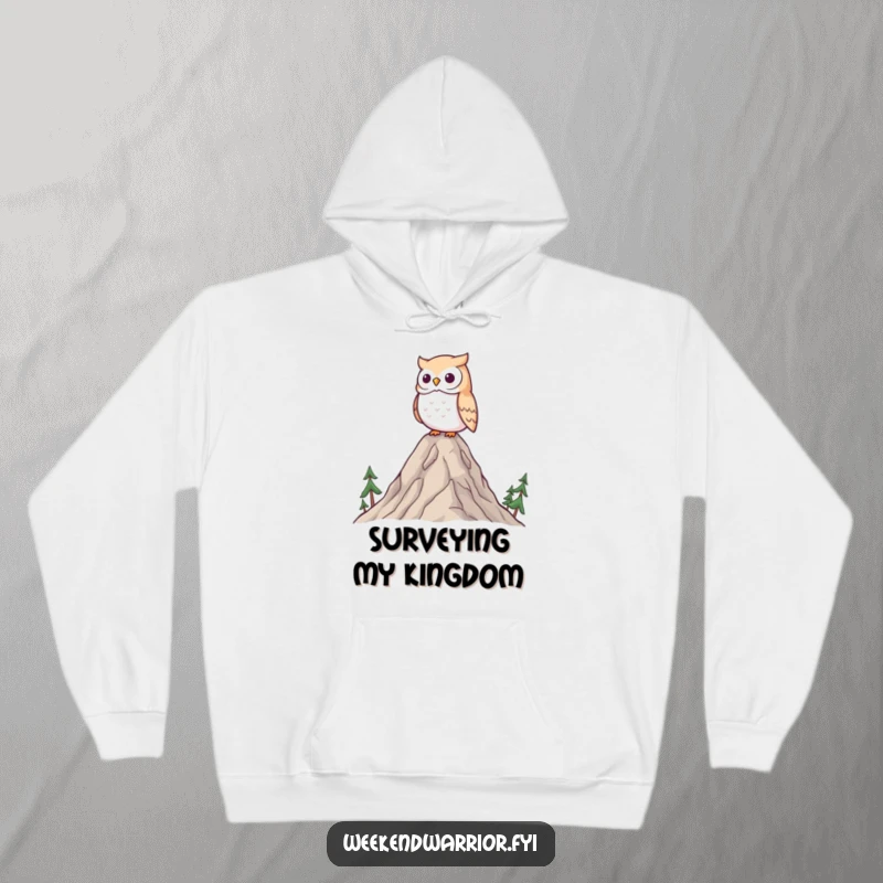 Funny Kawaii owl hoodie, a wise owl surveying a landscape from a tiny mountain, ideal for cozy contemplation.