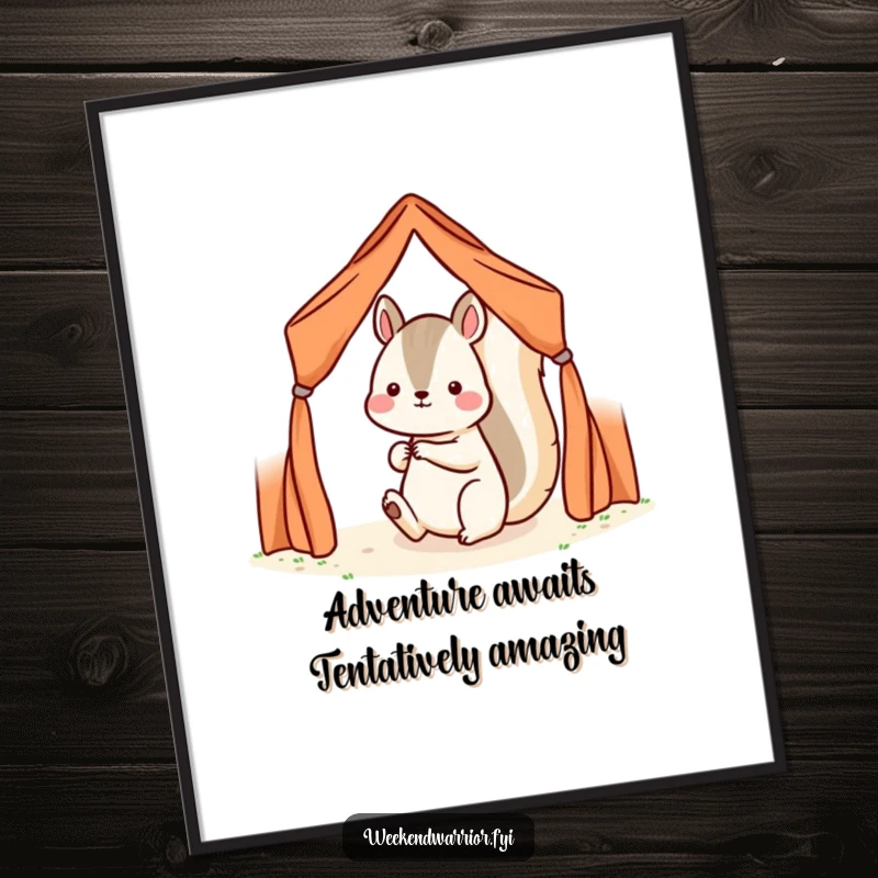 Funny Free Printable Wall Art Kawaii squirrel embracing the great outdoors, setting up a tiny tent with a determined grin.