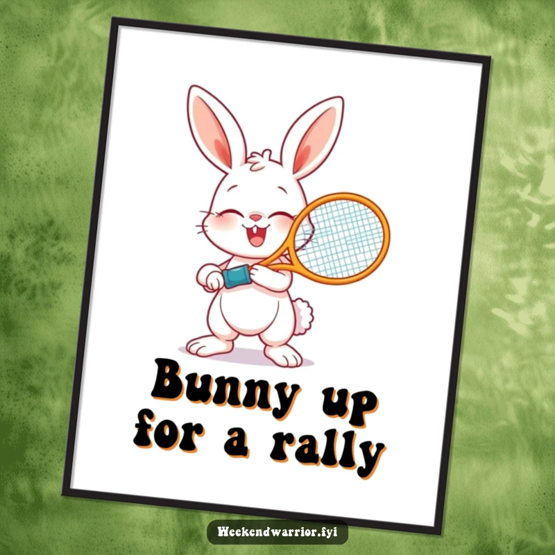 Funny Free Printable Wall Art: A giggling bunny holding a tennis racket, ready to serve up laughs on the court.