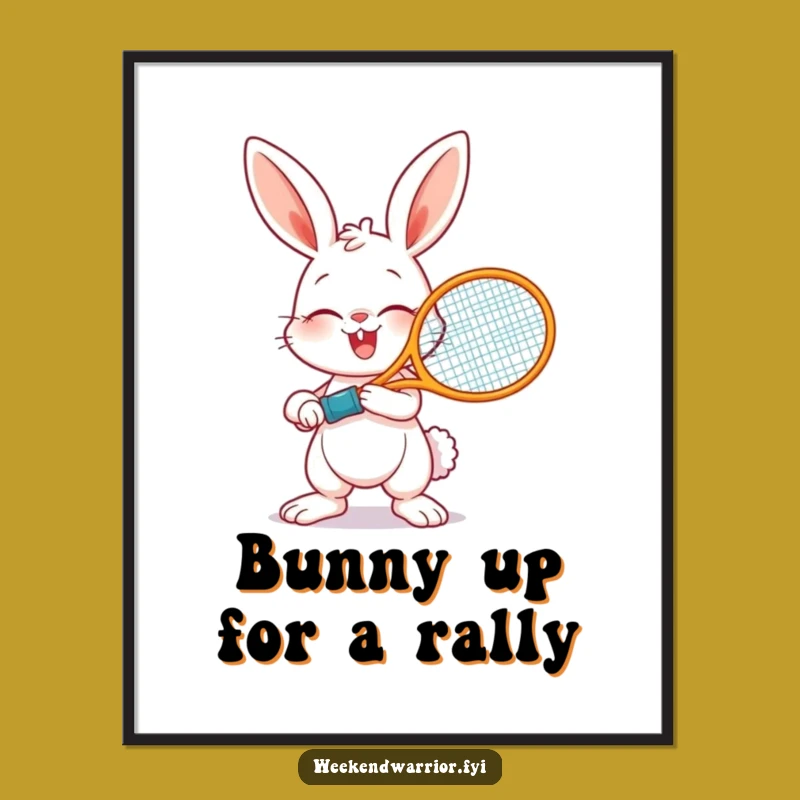 Free Printable Wall Art: Giggling Bunny Tennis Player - Funny Downloadable Decor