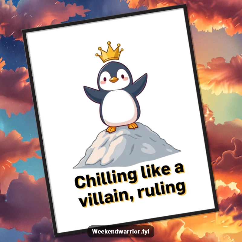 Funny Free Printable Wall Art: Penguin surveying its territory from a hilltop, looking proud and commanding, downloadable decor.