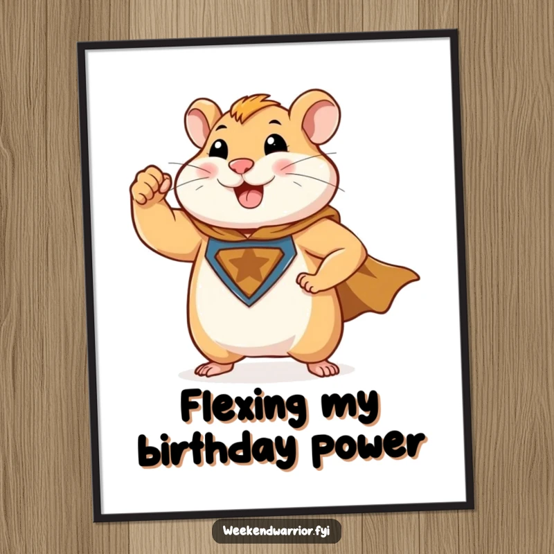 Funny Free Printable Wall Art of a happy, muscular hamster character flexing a tiny bicep while wearing a superhero cape with pride.