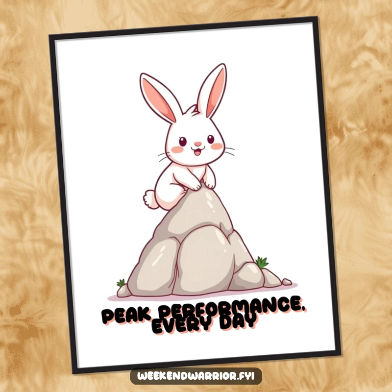 Funny free printable wall art: A rabbit with a satisfied smile determinedly scales a small rock formation, embodying perseverance.