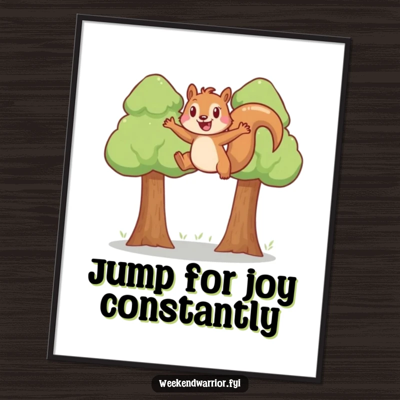Funny free printable wall art: A joyful squirrel captured mid-leap between trees, representing energy, freedom, and playful spirit.
