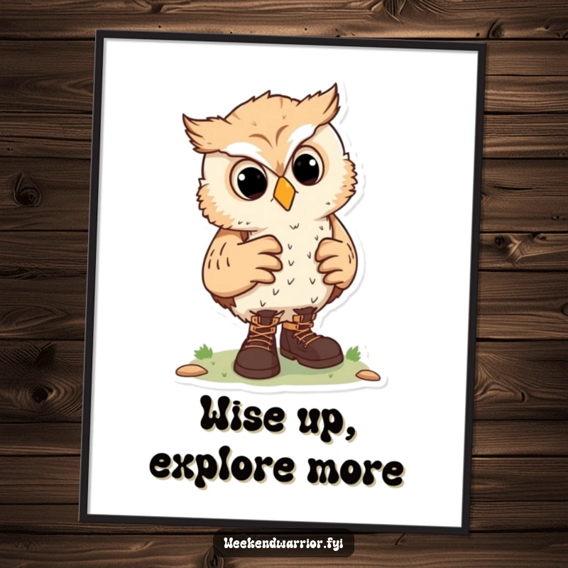 Funny Free Printable Wall Art: Curious owl character adjusts hiking boots, embodying the spirit of exploration and gentle humor for decor.