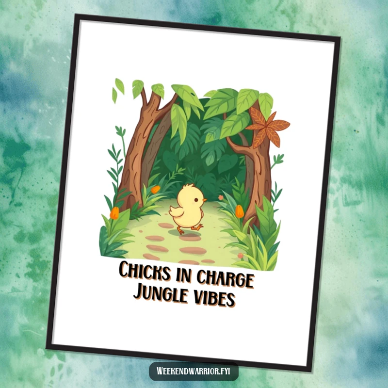 Funny Free Printable Wall Art: Cute chick wearing tiny boots marches determinedly down a lush, green jungle path.