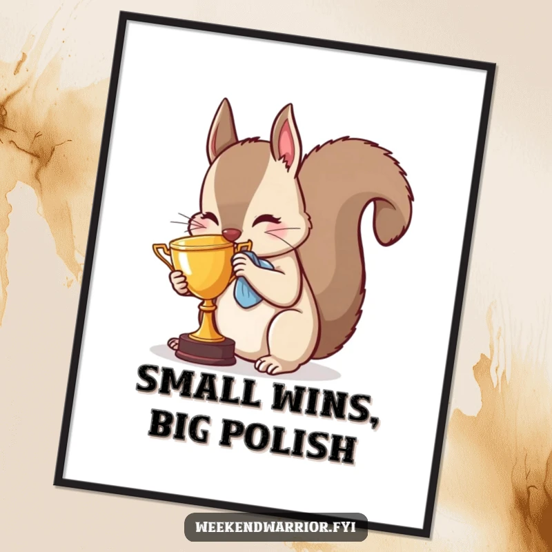 Funny Free Printable Wall Art: An energetic squirrel meticulously polishes a miniature trophy, embodying the spirit of winning and achievement.