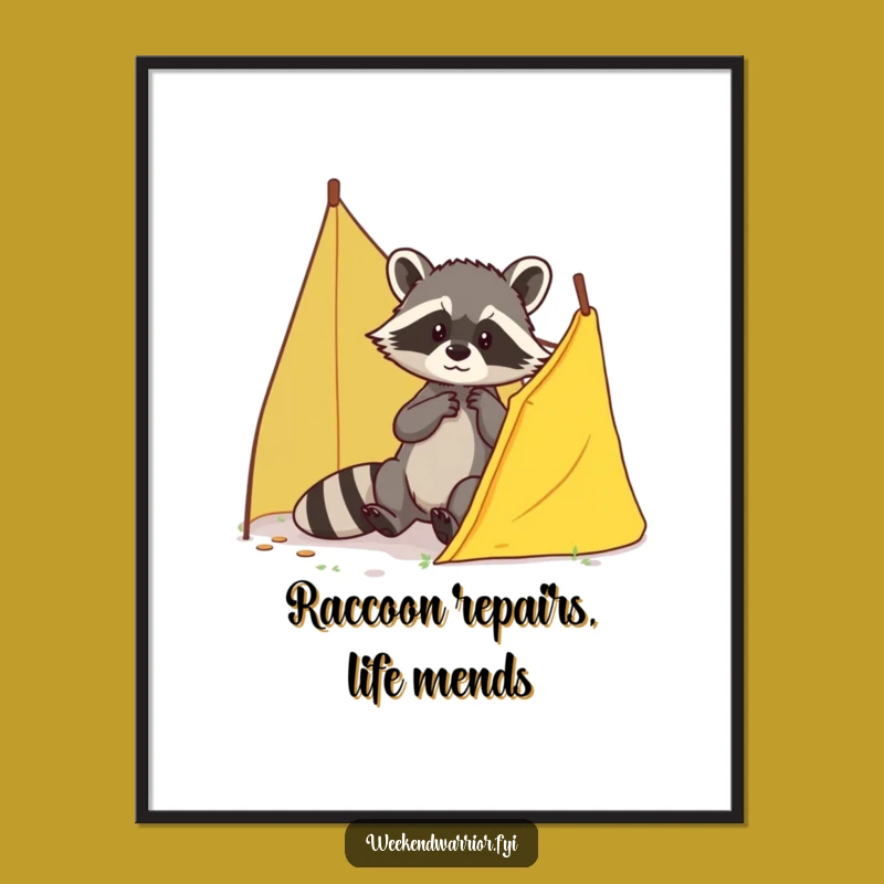 Free Printable Wall Art: Raccoon Tent Repair - Quirky Downloadable Decor