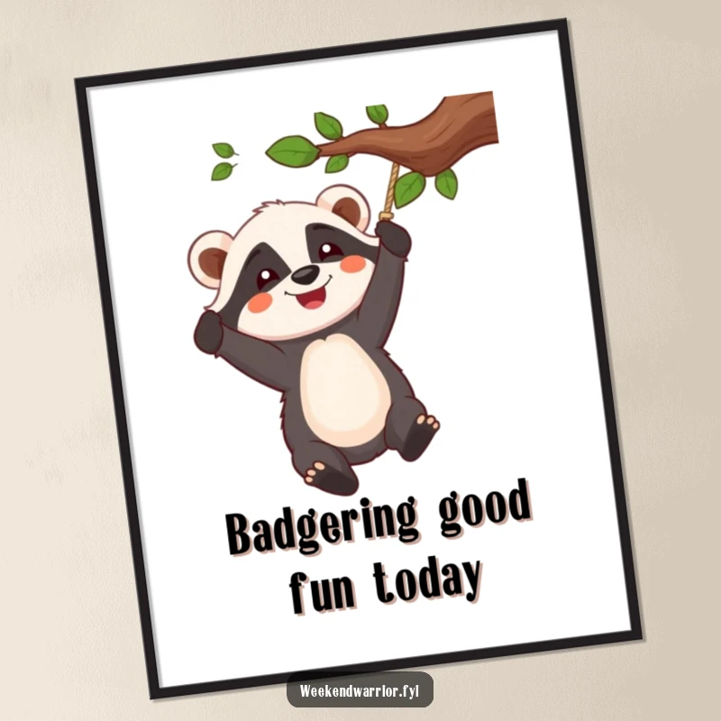 Funny Free Printable Wall Art of a cheerful badger character enthusiastically swinging from a rope tied to a tree branch with glee.
