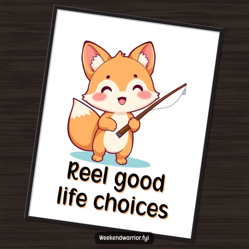 Funny Free Printable Wall Art: A cute, excited kawaii fox holds a fishing rod, bringing playful vibes to any wall.