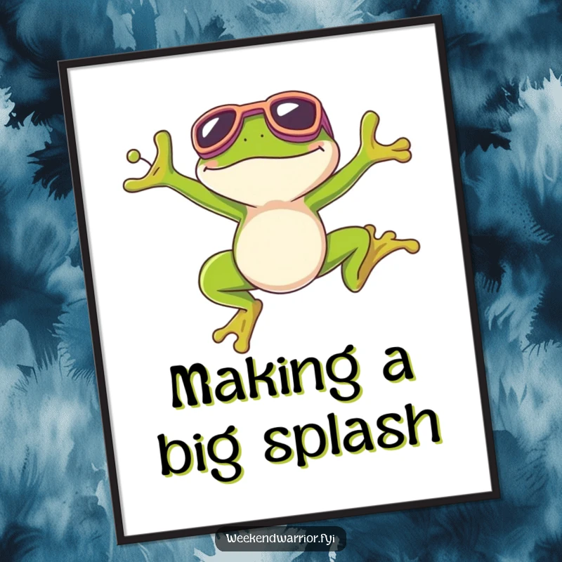 Funny Free Printable Wall Art: A joyful frog wearing swim goggles leaps triumphantly, celebrating a perfectly executed dive with a huge grin.