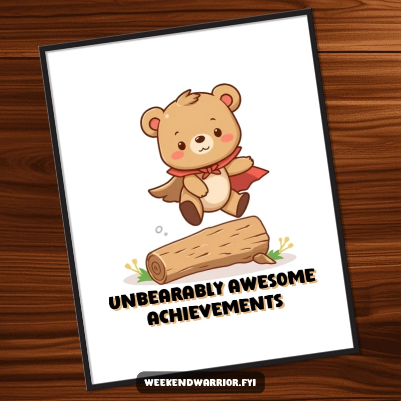 Funny Free Printable Wall Art: A cute bear cub in a cape leaps over a log, bringing heroic cheer to walls.