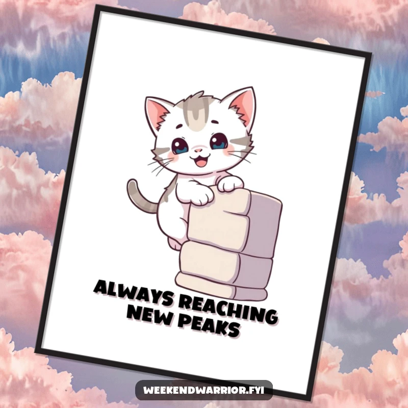 Cute Free Printable Wall Art: A curious kitten happily scales a small climbing wall, showcasing determination and playful spirit.