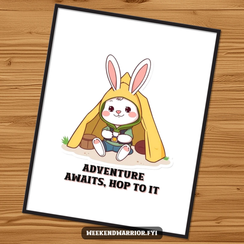 Funny free printable wall art of a cheerful rabbit in camping gear setting up a tent amidst a fun campsite scene.