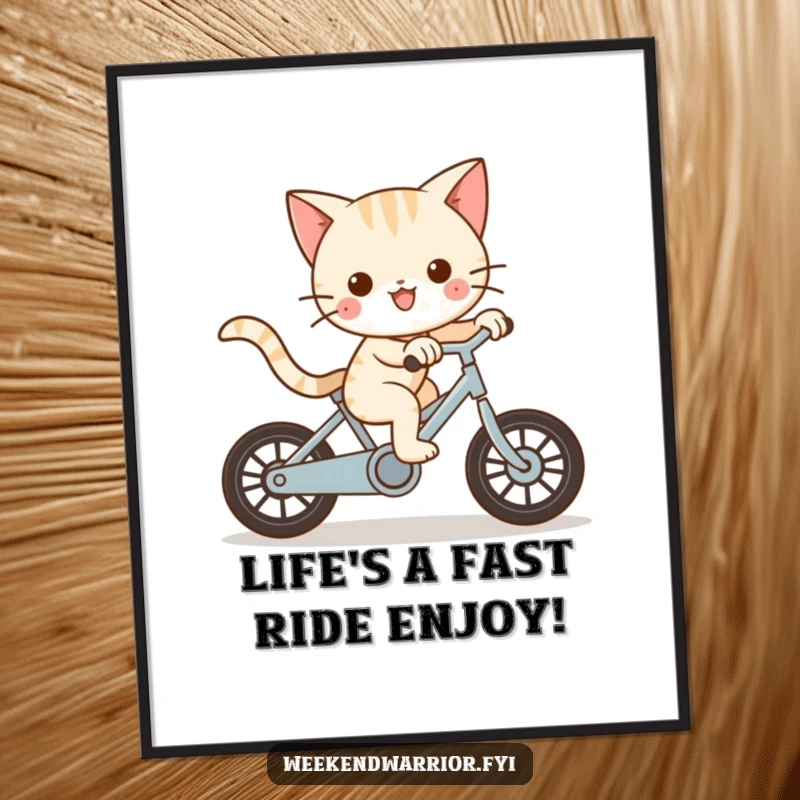 Funny Free Printable Wall Art Kawaii cat in mid-cycle, leaning into a turn with a mischievous grin and blurred background.