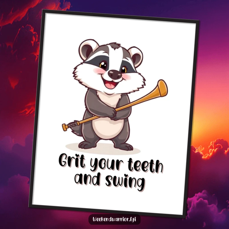Funny Free Printable Wall Art: A happy badger determinedly swings a golf club, ready to play.