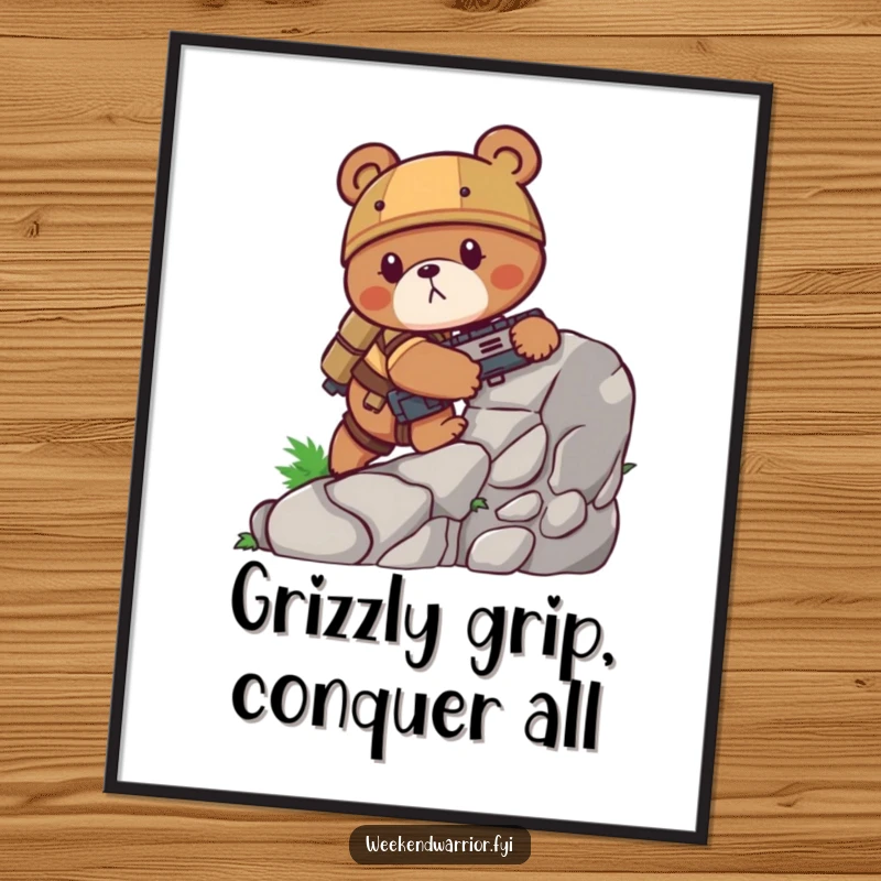 Funny Free Printable Wall Art: A bear in serious combat gear humorously scaling a miniature rock face, exuding determination.