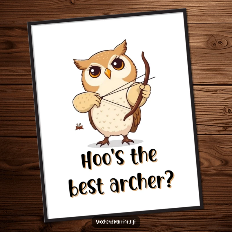 Funny Free Printable Wall Art: Focused owl character practicing archery with a tiny twig bow, aiming true.