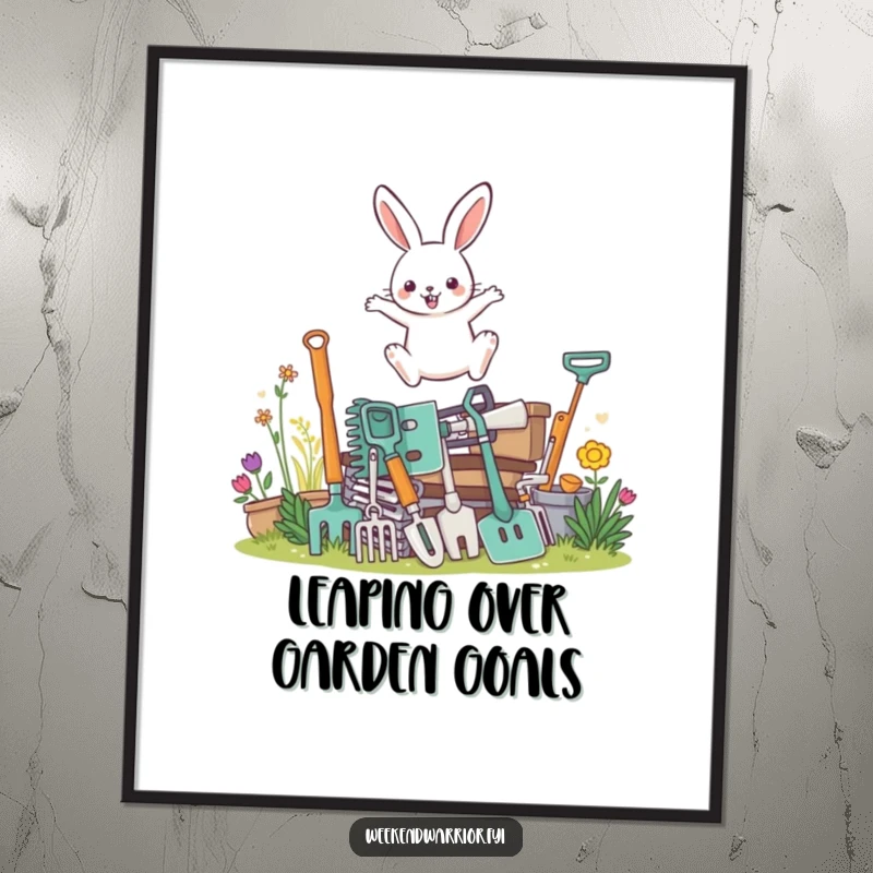 Funny Free Printable Wall Art of a determined rabbit character leaping energetically over a surprisingly large stack of gardening tools.