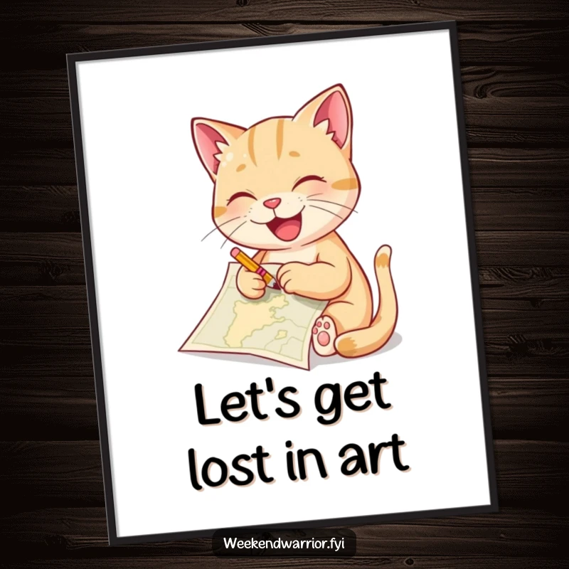 Funny Free Printable Wall Art: A delighted cat artistically sketching a treasure map with a tiny pencil on paper.