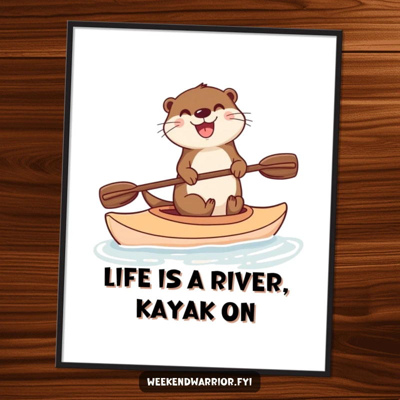 Funny Free Printable Wall Art: Delighted otter humorously balancing on a kayak with a paddle, bringing kayaking joy to any room.