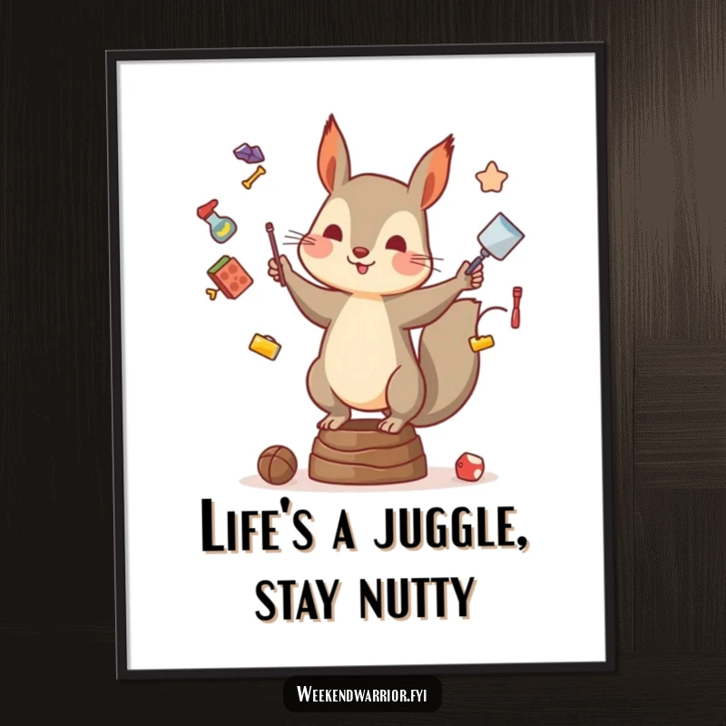 Funny Free Printable Wall Art: Squirrel in mid-juggle, looking focused yet carefree, a humorous downloadable decor piece.