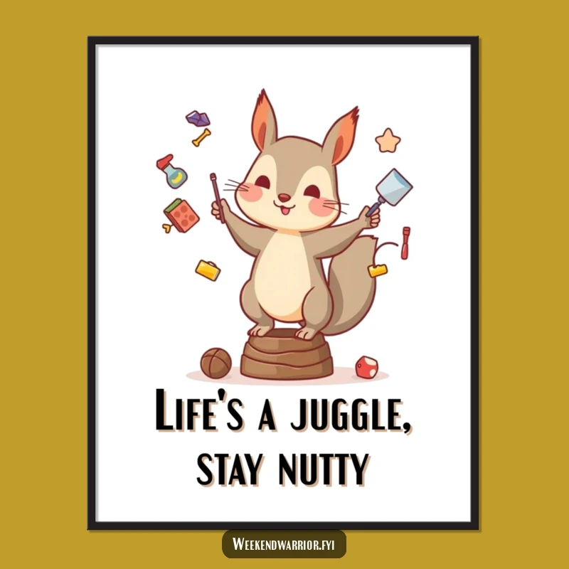 Funny Free Printable Wall Art: Juggling Squirrel Balancing Act, Humorous Downloadable Decor for a Lively Space