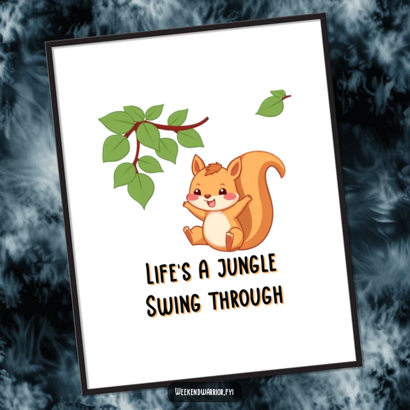 Funny Free Printable Wall Art: Playful squirrel with a huge grin swings high from a vine.