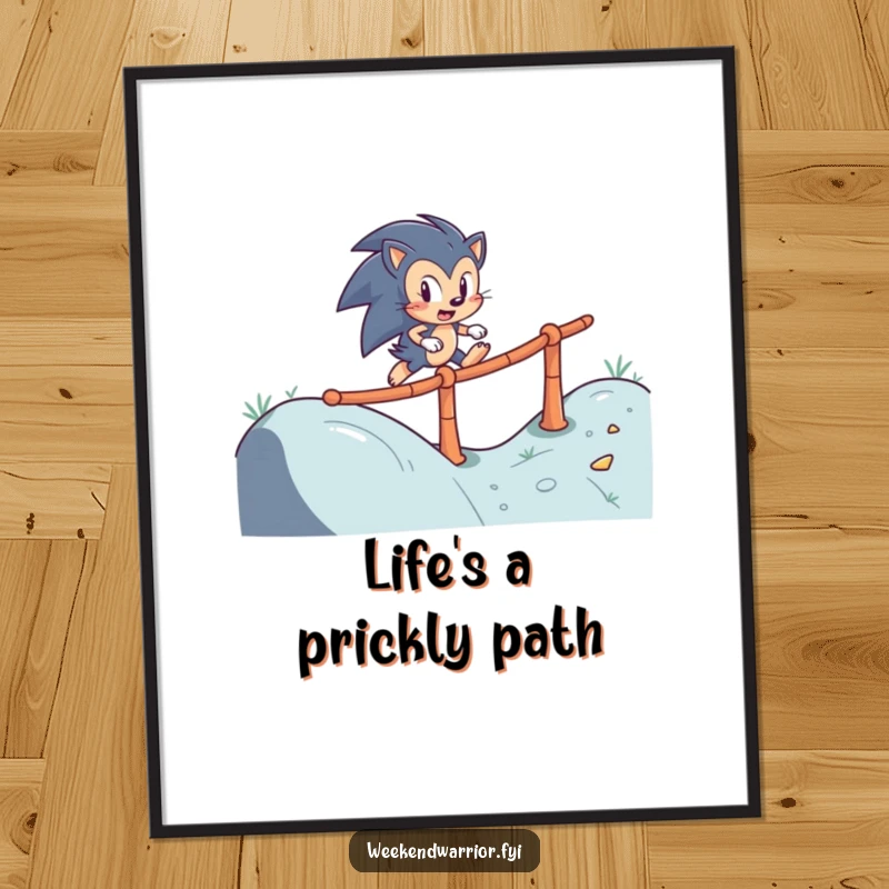 Funny Free Printable Wall Art: Determined hedgehog character skillfully navigating a winding obstacle course with focus.