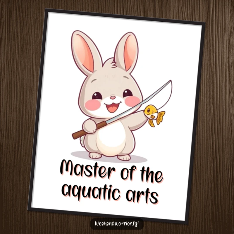 Funny Free Printable Wall Art: A cheerful rabbit proudly displays his tiny fish catch with a fishing rod.