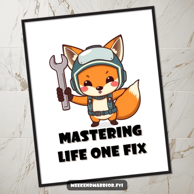 Funny Free Printable Wall Art of a determined fox in a helmet triumphantly raising a tiny wrench, a witty decor piece.