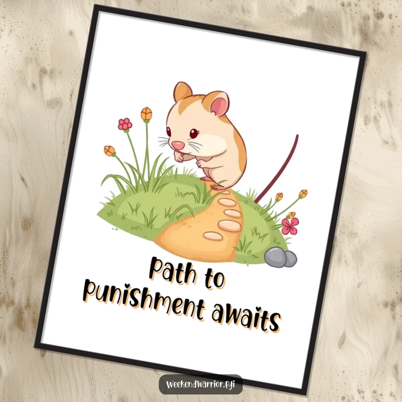 Funny Free Printable Wall Art: A small, curious hamster bravely exploring a winding, overgrown path, full of wonder.