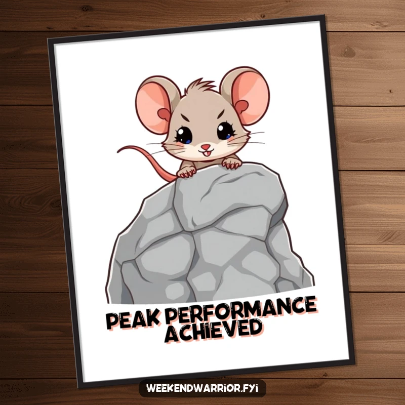 Funny Free Printable Wall Art: Brave mouse character determinedly scaling a miniature, cartoonish rock face.