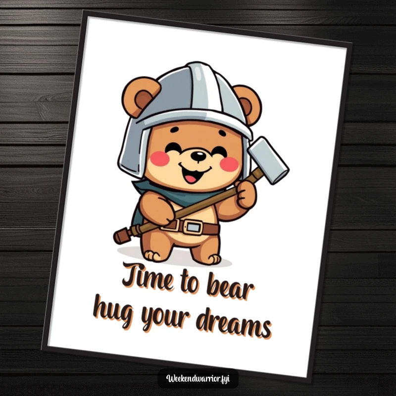 Funny free printable wall art of a happy bear wearing a helmet and holding a hammer, ready to tackle any project.