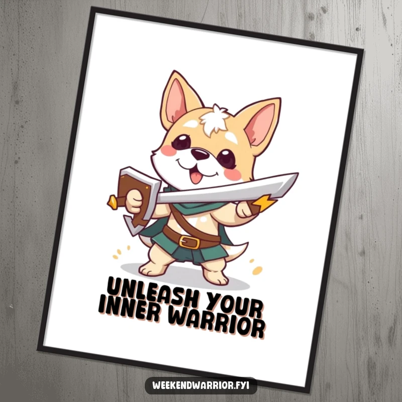 Funny free printable wall art of a playful dog character dressed as a warrior, holding a small sword and shield.
