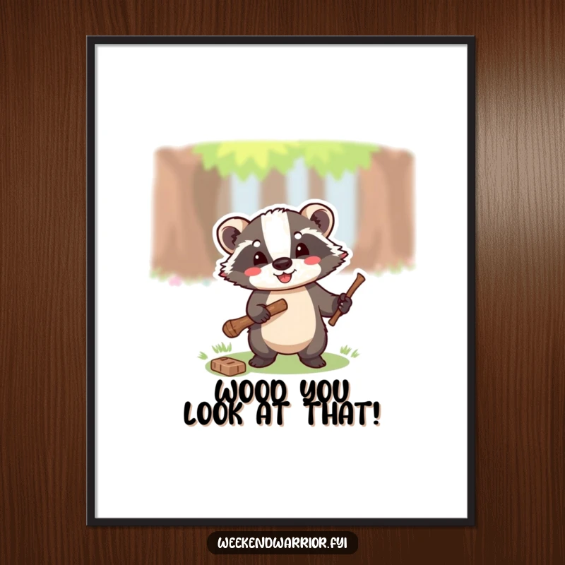 Funny Free Printable Wall Art: A happy badger with a small axe, chopping a twig with gusto.