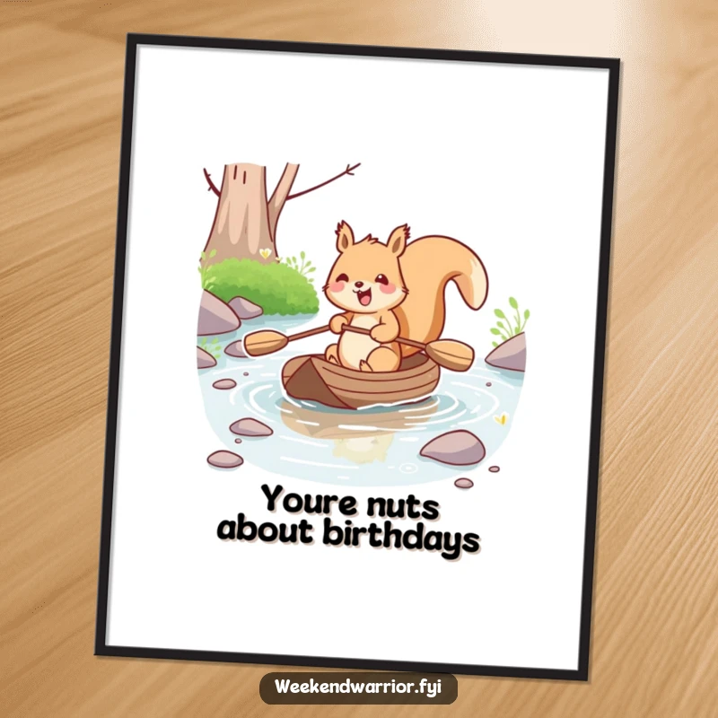 Funny Free Printable Wall Art: Kawaii squirrel joyfully paddling a small raft down a stream, playful decor.